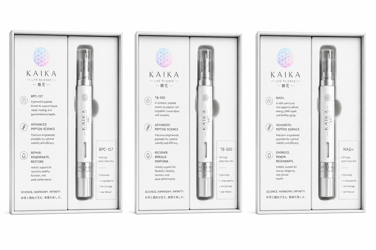 Kaika BPC-157, TB-500 and NAD plus injectable pens in presentation trays